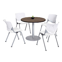 KFI Studios Pedestal Table with Four White Kool Series Chairs, Round, 36" Dia x 29h, Studio Teak (811774036887)