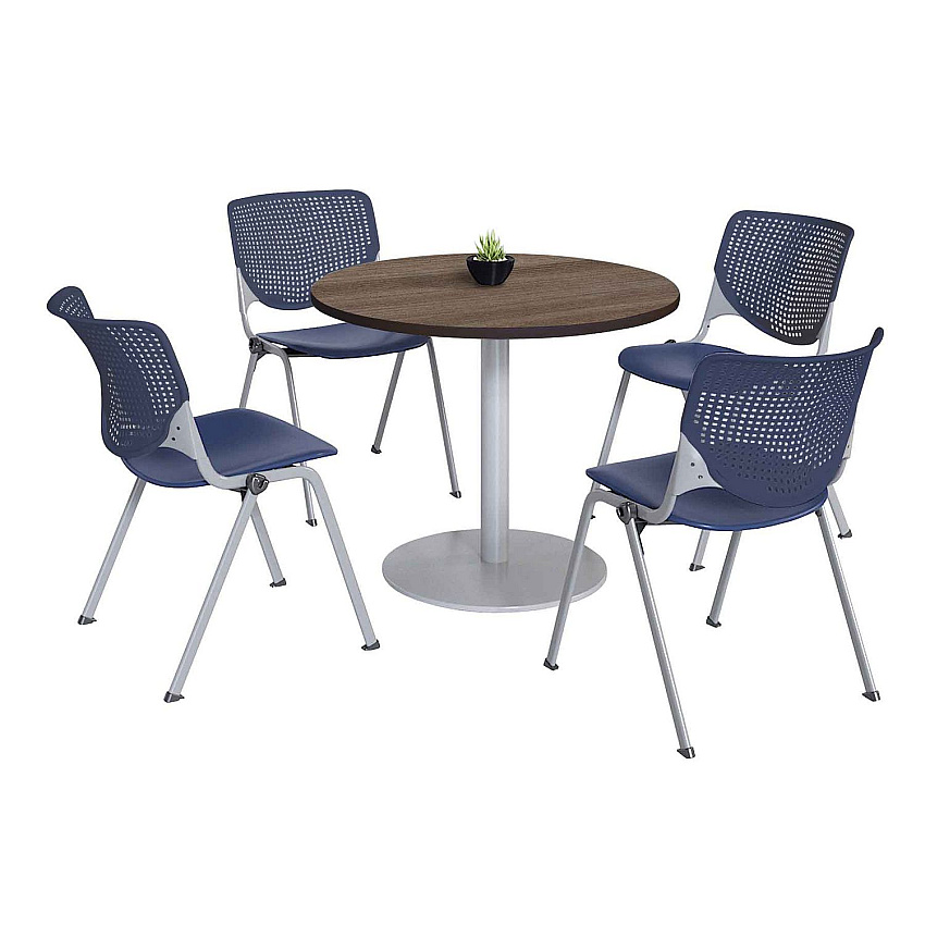 KFI Studios Pedestal Table with Four Navy Kool Series Chairs, Round, 36" Dia x 29h, Studio Teak (811774036870)