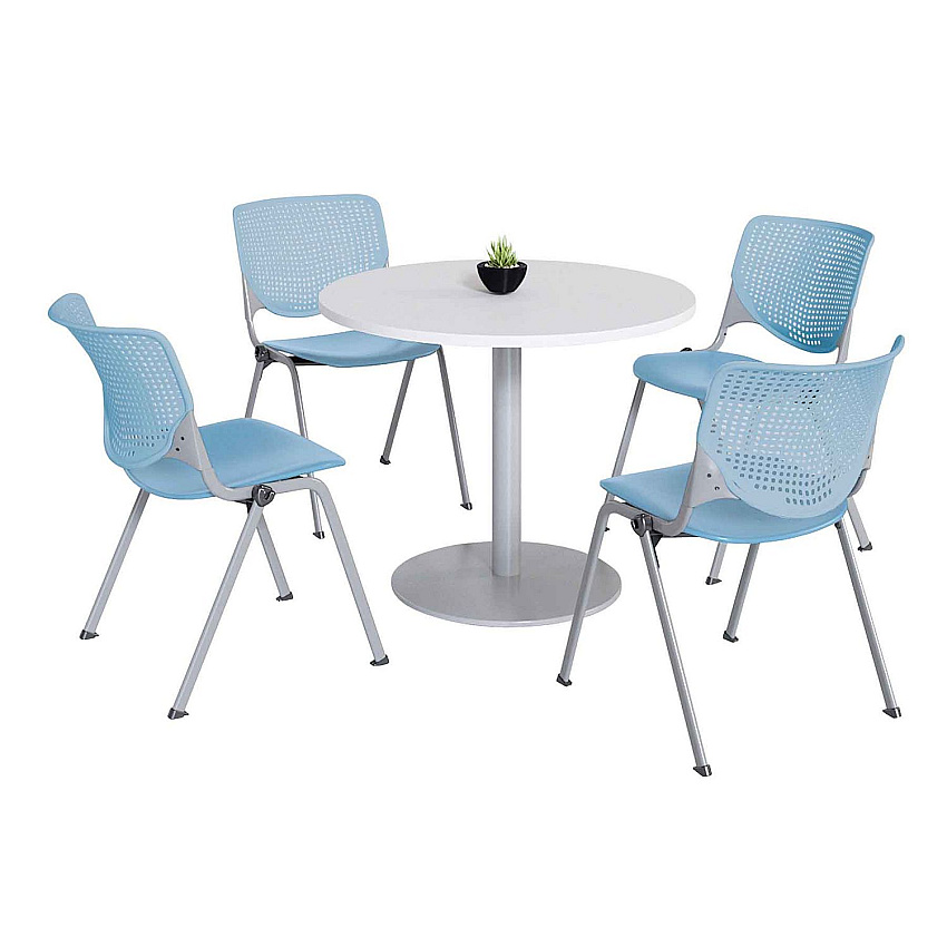 KFI Studios Pedestal Table with Four Sky Blue Kool Series Chairs, Round, 36" Dia x 29h, Designer White (811774036757)