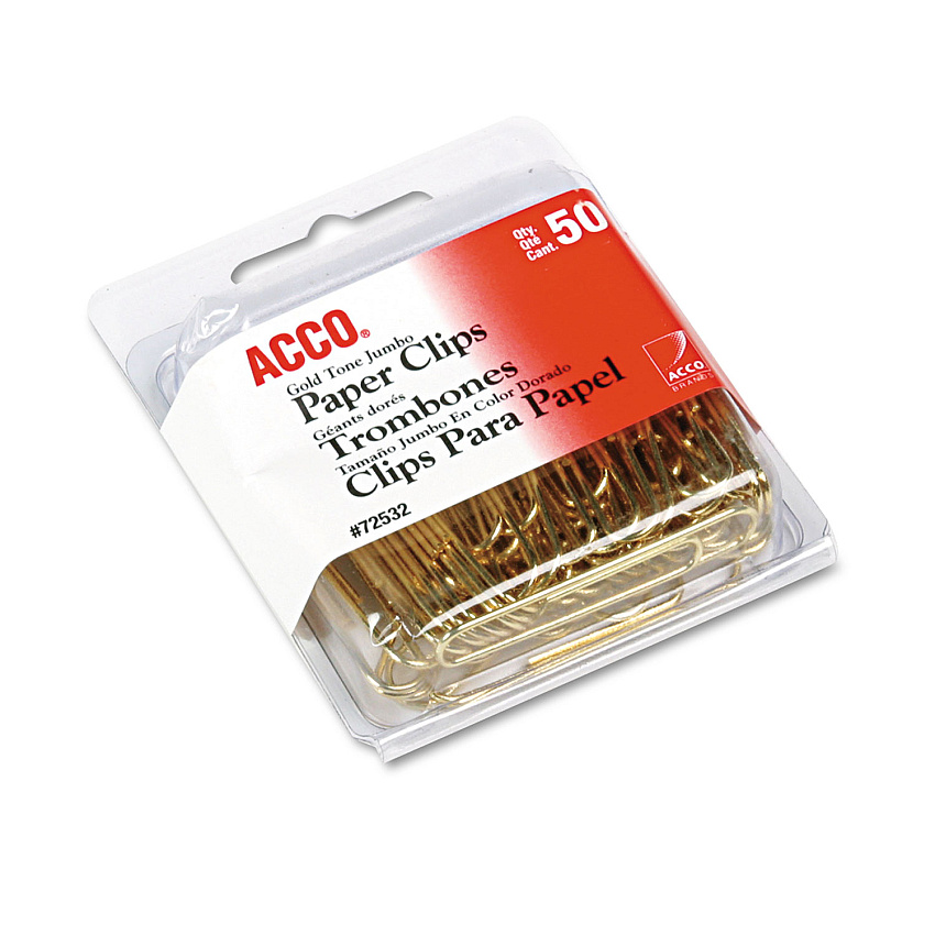 Acco&reg; Paper Clips, Wire, Jumbo, 1-3/4", Gold Tone, 50/Box (72532)