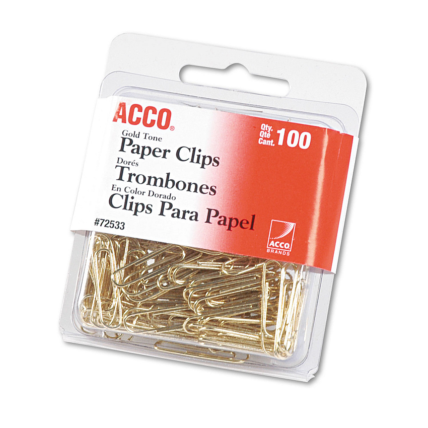 Acco&reg; Wire Paper Clips, No. 2, 1-1/8", Gold Tone, 100 Paper Clips (72533)