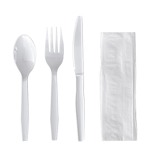 Boardwalk Four-Piece Cutlery Kit, Fork/Knife/Napkin/Teaspoon, Mediumweight, Polystyrene, White, 250/Carton (BWK4KITWHPS)