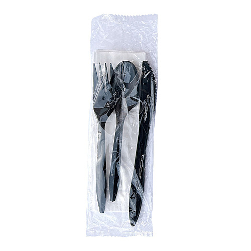 Boardwalk Four-Piece Cutlery Kit, Fork/Knife/Teaspoon/Napkin, Mediumweight, Black, 250/Carton (BWK4KITBLPP)