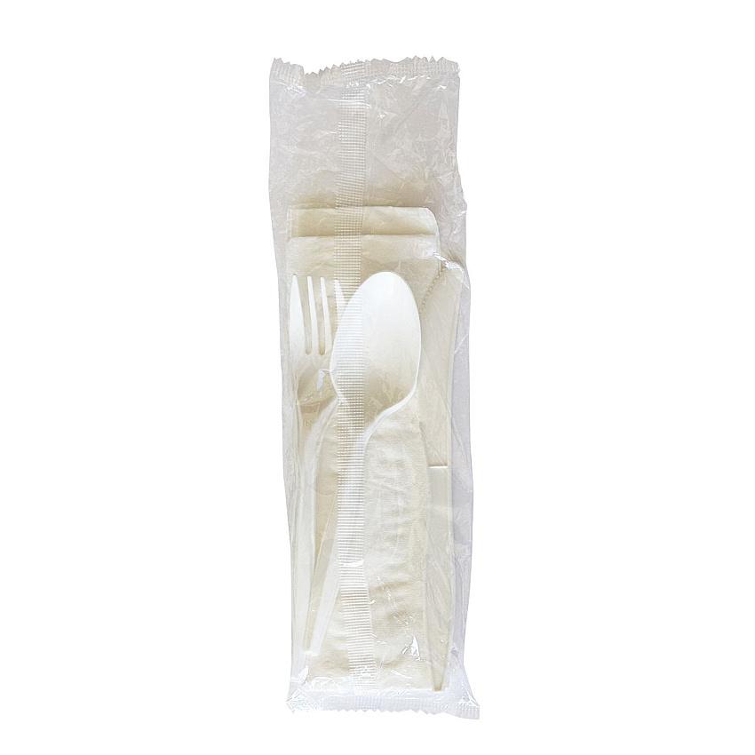 Boardwalk Four-Piece Polypropylene Cutlery Kit, Mediumweight, Fork/Knife/Napkin/Spoon, Plastic, White, 250/Carton (4COMBOKITPP)