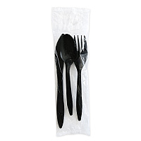 Boardwalk Three-Piece Cutlery Kit, Fork/Knife/Teaspoon, Polystyrene, Black, 250/Carton (BWK3KITBLPS)