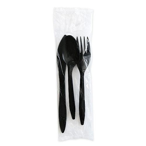 Boardwalk Three-Piece Cutlery Kit, Fork/Knife/Teaspoon, Polystyrene, Black, 250/Carton (BWK3KITBLPS)