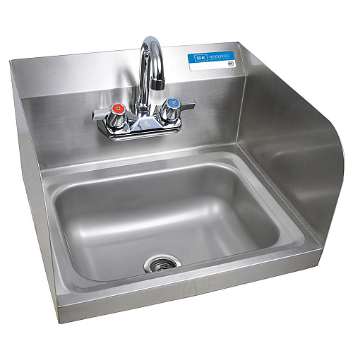 BK Resources Stainless Steel Hand Sink with Side Splashes and Faucet, 14" l x 10" w x 5" h (HSW1410SSP)
