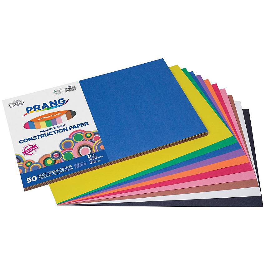Prang SunWorks Construction Paper, 50 lb Text Weight, 12 x 18, Assorted Colors, 50 Sheets/Pack, 25 Packs/Carton (6507CT)
