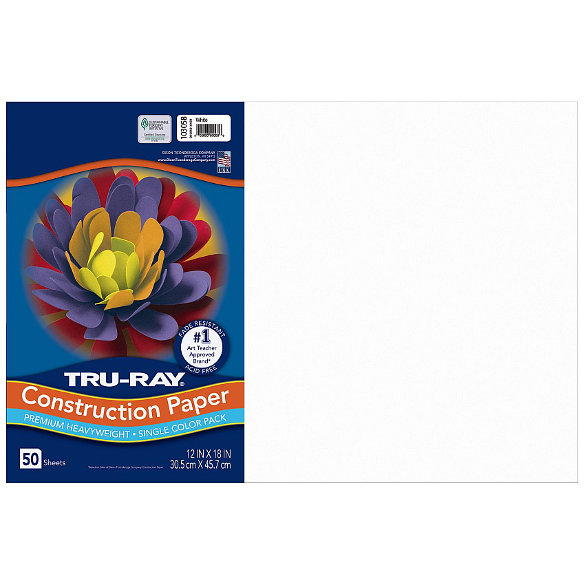 Pacon Tru-Ray Construction Paper, 76 lb Text Weight, 12 x 18, White, 50/Pack, 25 Packs/Carton (103058CT)
