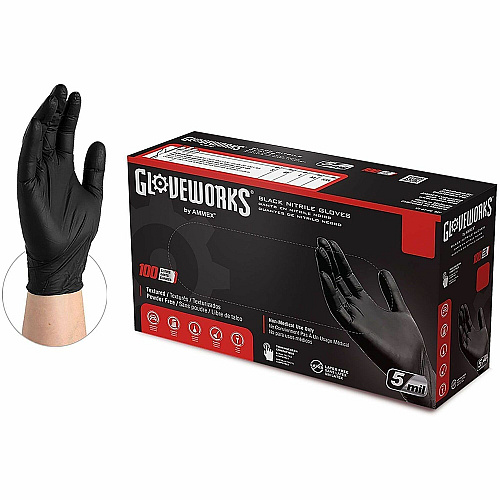 GloveWorks by AMMEX Industrial Nitrile Gloves, Powder-Free, 5 mil, Black, XX-Large, 100 Gloves/Box, 10 Boxes/Carton (GPNB49100)