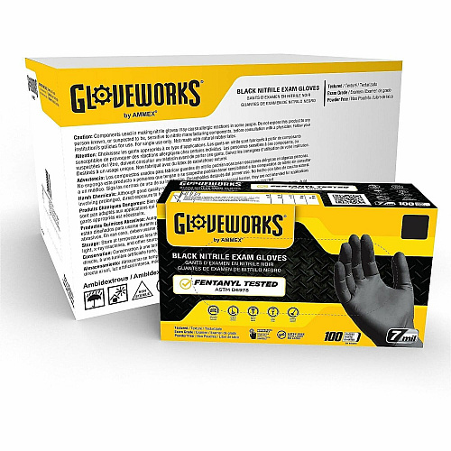 GloveWorks by AMMEX Nitrile Exam Gloves, Powder-Free, 6 mil, Medium, Black 100 Gloves/Box, 10 Boxes/Carton (GWBEN44100)