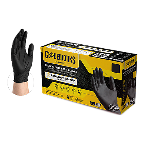 GloveWorks by AMMEX Nitrile Exam Gloves, Powder-Free, 6 mil, Large, Black, 100 Gloves/Box, 10 Boxes/Carton (GWBEN46100)