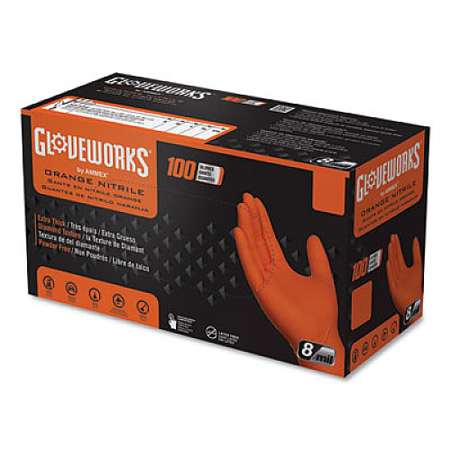 GloveWorks by AMMEX Heavy-Duty Industrial Nitrile Gloves, Powder-Free, 8 mil, XX-Large, Orange, 100/Box (GWON49100)