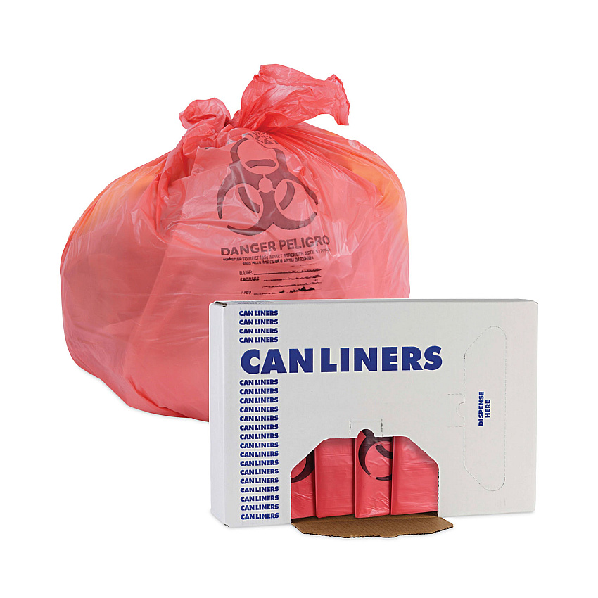 Boardwalk Linear Low Density Health Care Trash Can Liners, 33 gal, 1.3 mil, 33" x 39", Red, Flat Pack, 150/Carton (BWKIW3339R)