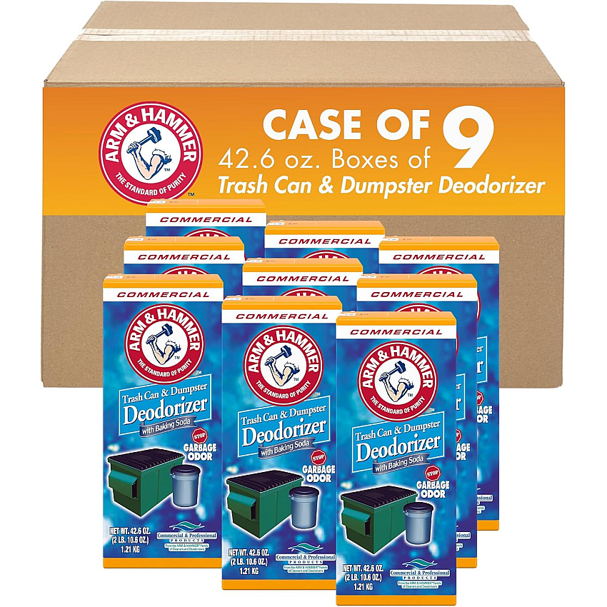 Arm & Hammer Trash Can and Dumpster Deodorizer with Baking Soda, Sprinkle Top, Original, Powder, 42.6 oz Box, 9/Carton (3320084116CT)