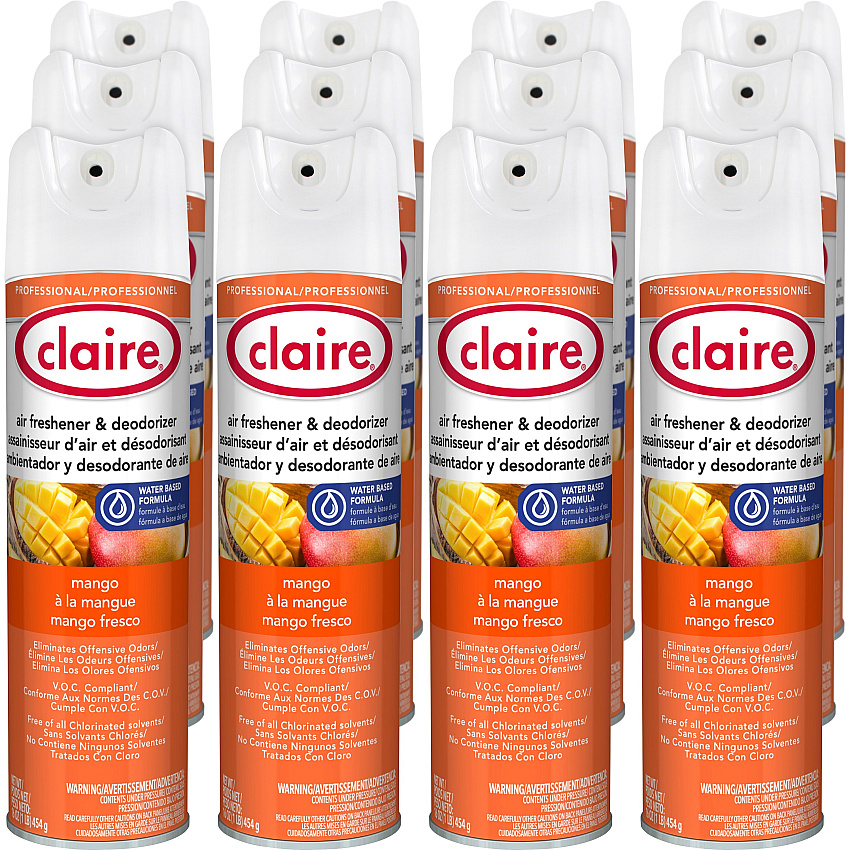Claire Water-Based Air Freshener Spray - 16 oz - Mango - Residue-free, Non-staining, Ozone-safe, Odor Neutralizer, Recyclable - 12 / Carton (CL341)