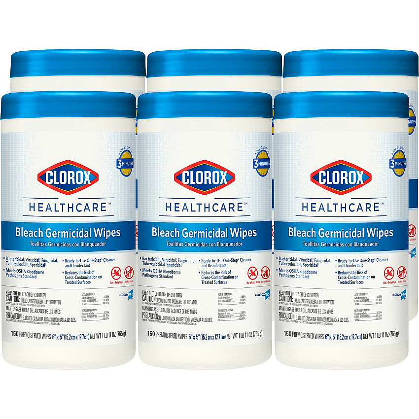 Clorox Healthcare Bleach Germicidal Wipes, 1-Ply, 6 x 5, Unscented, White, 150/Canister, 6 Canisters/Carton (30577CT)