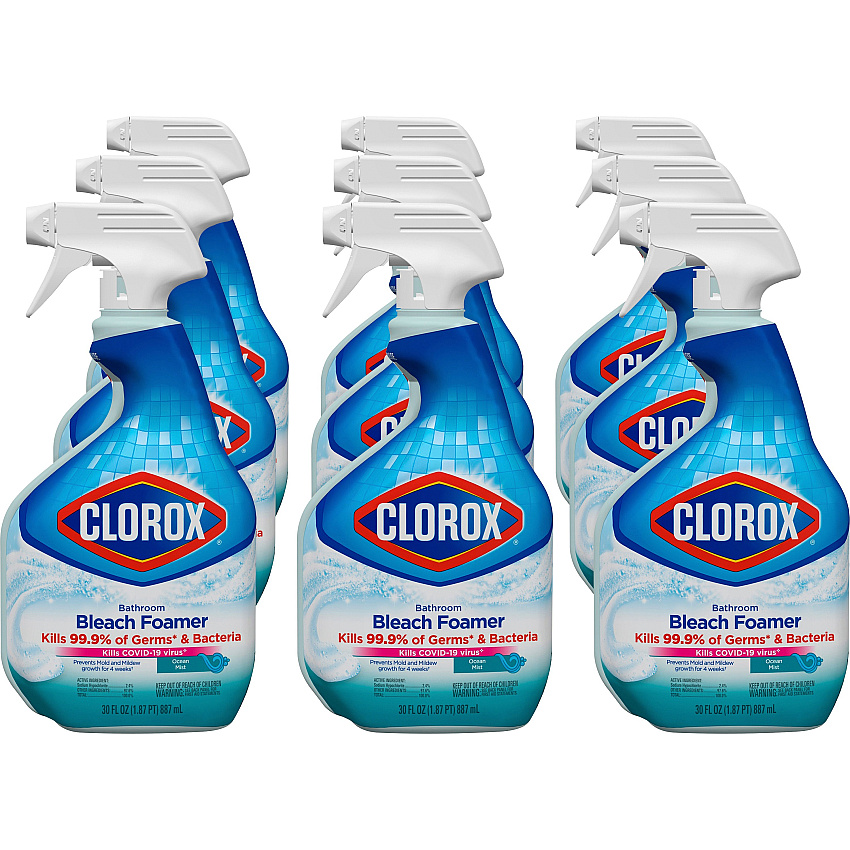 Clorox Bleach Foamer Bathroom Spray, Original, 30 oz Spray Bottle, 9/Carton For Bathroom - 30 fl oz (0.9 quart) - Ocean Mist Scent - Recommended For: Soap Scum Remover - Disinfectant - Clear Spray Bottle - 9 / Carton (30614)
