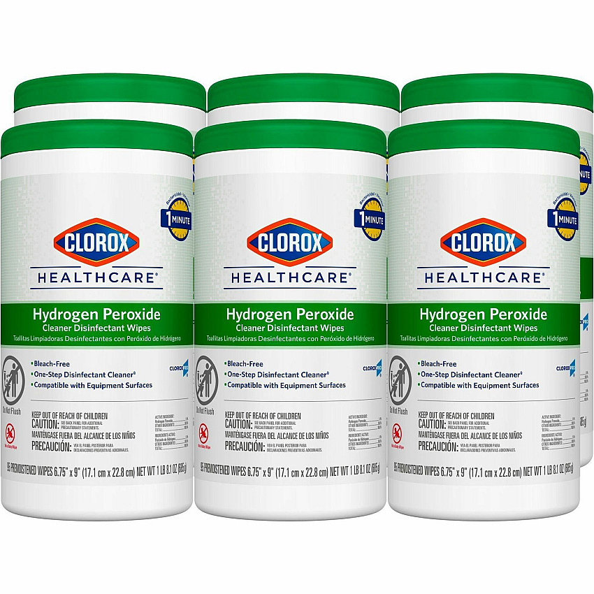 Clorox Healthcare Hydrogen Peroxide Cleaner Disinfectant Wipes, 9 x 6.75, Unscented, White, 95/Canister, 6 Canisters/Carton (30824)