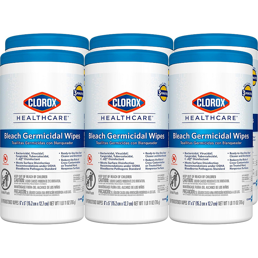 Clorox Healthcare Bleach Germicidal Wipes, 6" x 5", 150 Count Canister, Pack of 6 (35309CT)
