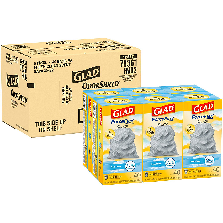 Glad ForceFlex Kitchen Drawstring Trash Bags, 13 gal, Fresh Clean Scent, 24" x 27.38", White, 40 Bags/Box, 6 Boxes/Carton (78361)