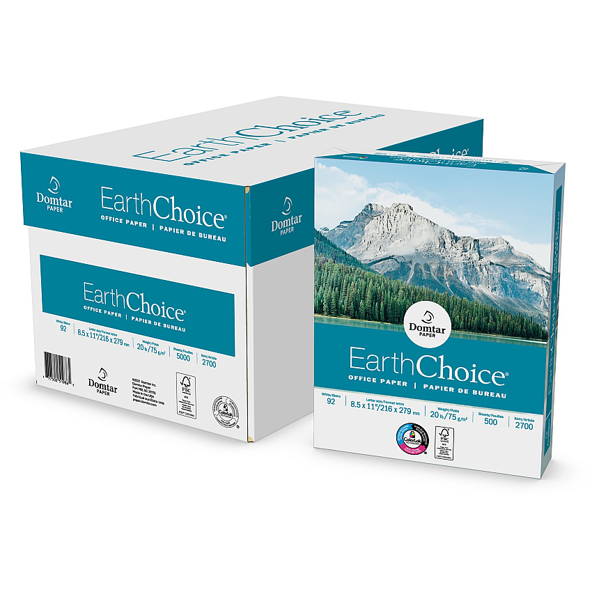 Domtar EarthChoice Office Paper, 92 Bright, 20 lb Bond Weight, 8.5 x 11, White, 500 Sheets/Ream, 10 Reams/Carton (2700)