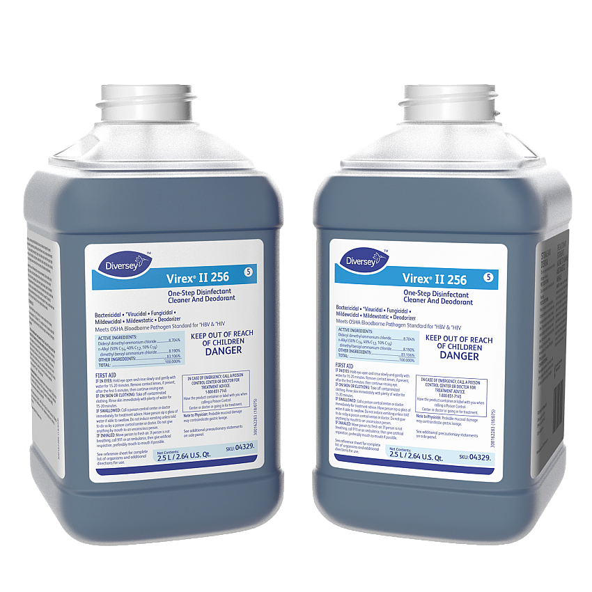 Diversey Virex II 256 Disinfectant Cleaner Concentrate - 84.5 fl oz (2.6 quart) - Minty Scent - Deodorize, Non-porous, Deodorant - Blue - 2 / Carton (04329)
