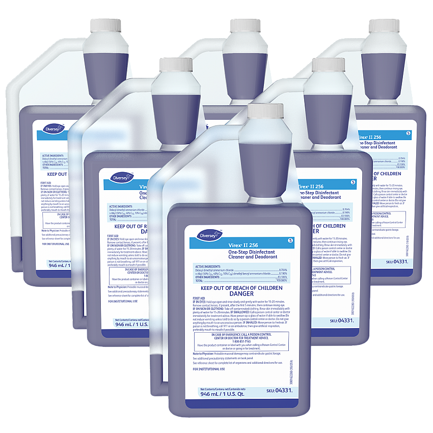 Diversey Virex II 256 Disinfectant Cleaner Concentrate - 32 fl oz (1 quart) - Minty Scent - Deodorant, Antibacterial, Non-porous - Blue - 6 / Carton (04331)