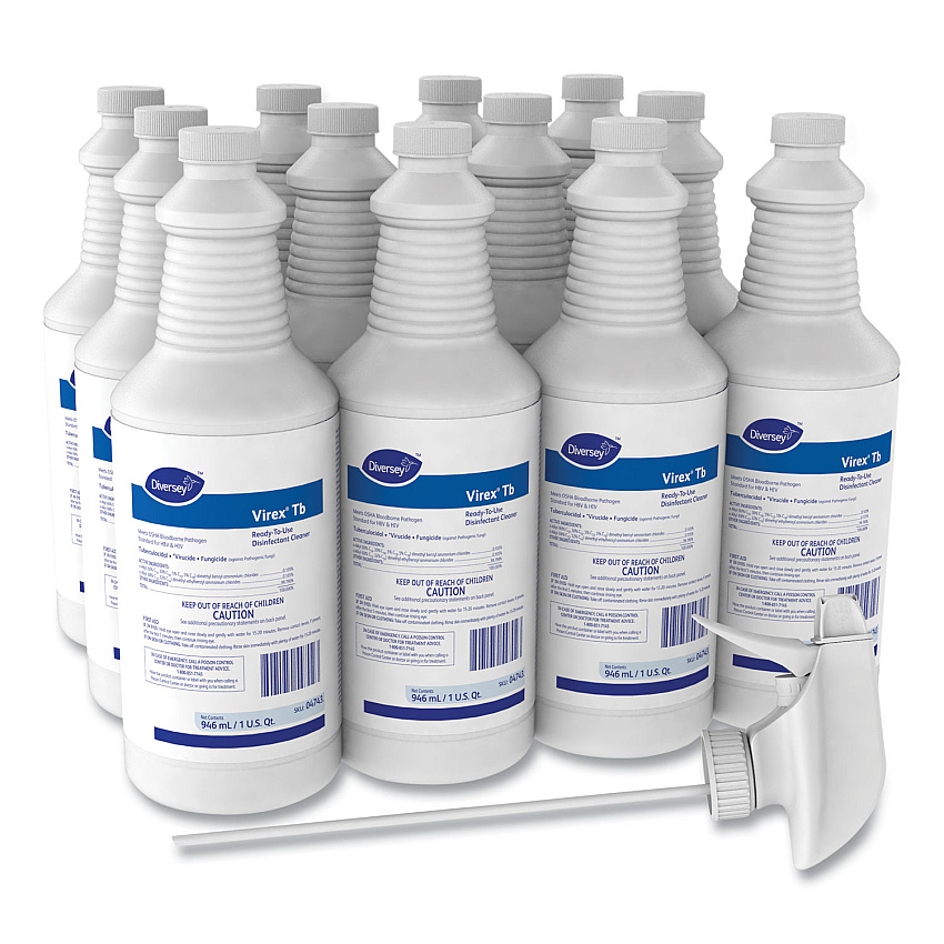 Diversey Virex TB Disinfectant Cleaner, Lemon Scent, Liquid, 32 oz Bottle, 12/Carton (04743)
