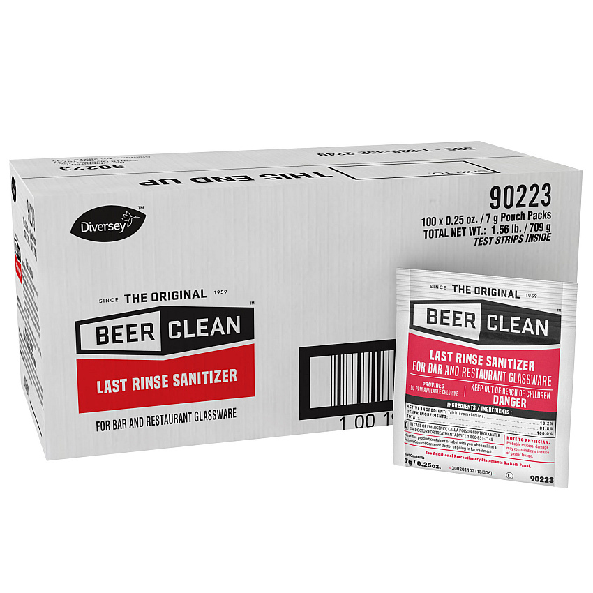 Diversey Beer Clean Last Rinse Glass Sanitizer, Powder, 0.25 oz Packet, 100/Carton (90223)