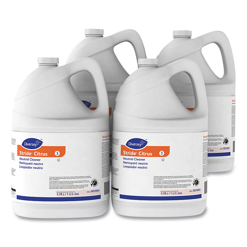 Diversey Stride Citrus Neutral Cleaner Concentrate - 128 fl oz (4 quart) - Citrus Scent - 4 / Carton - pH Neutral, Non Alkaline, Low Foaming, Rinse-free, Film-free, Kosher - Orange (903904CT)