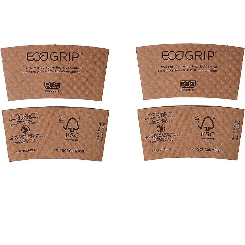 Eco-Products EcoGrip Hot Cup Sleeves - Renewable and Compostable, Fits 12, 16, 20, 24 oz Cups, Kraft, 1,300/Carton (EG2000) - 2 Pack