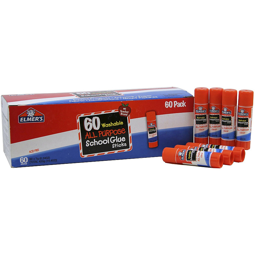 Elmer's Washable School Glue Sticks, 0.24 oz, Applies and Dries Clear, 60/Box (E501)