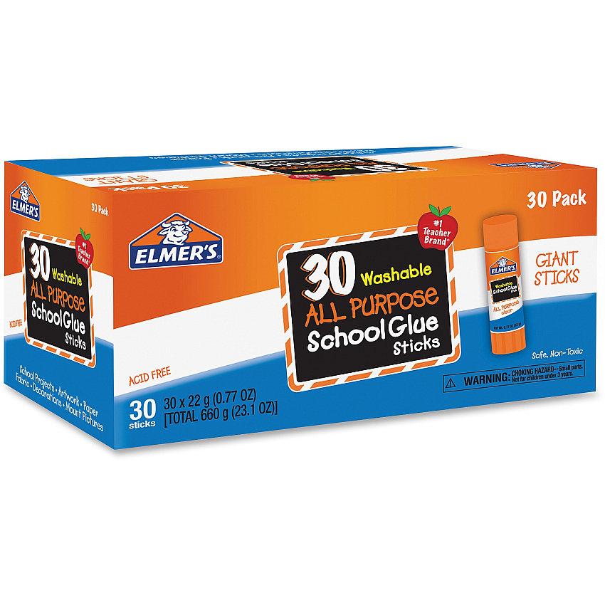 Elmer's Washable School Glue Sticks, 0.77 oz, Applies White snd Dries Clear, 30/Box (E599)