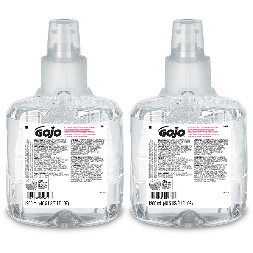 GOJO Clear and Mild Foam Handwash Refill, For LTX-12 Dispenser, Fragrance-Free, 1,200 mL, 2/Carton (191102CT)