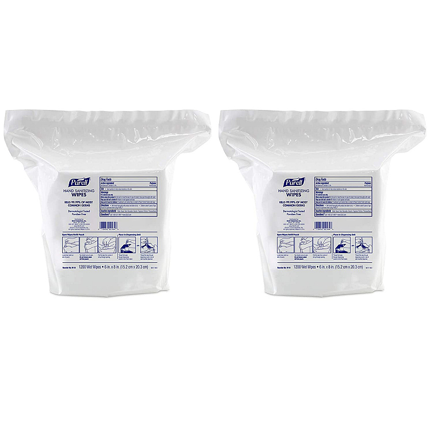 PURELL Hand Sanitizing Wipes, 6 x 8, Fresh Citrus Scent, White, 1,200/Refill Pouch, 2 Refills/Carton (911802)