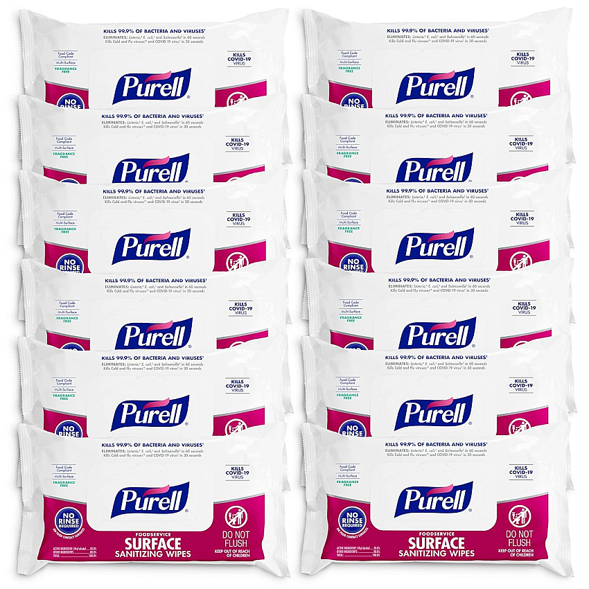 PURELL Foodservice Surface Sanitizing Wipes, 1-Ply, 7.4 x 9, Fragrance-Free, White, 72/Pouch, 12 Pouches/Carton (937112CT)