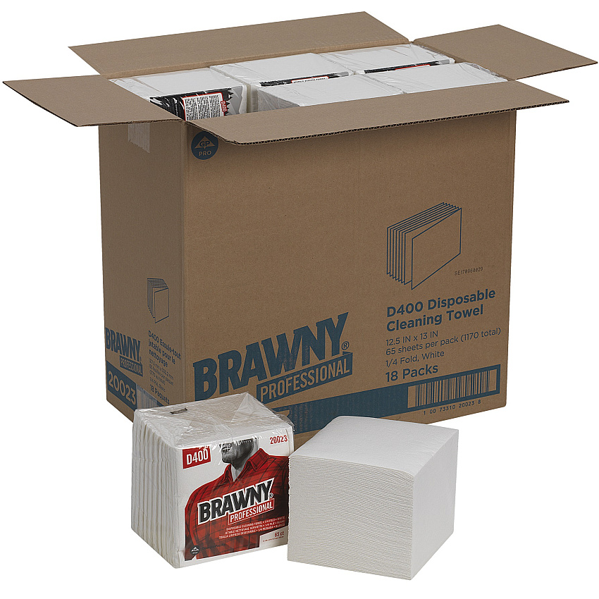 Brawny Medium Duty Premium DRC 1/4 Fold Wipers, 1-Ply, 13 x 12.5, Unscented, White, 65/Pack (20023)