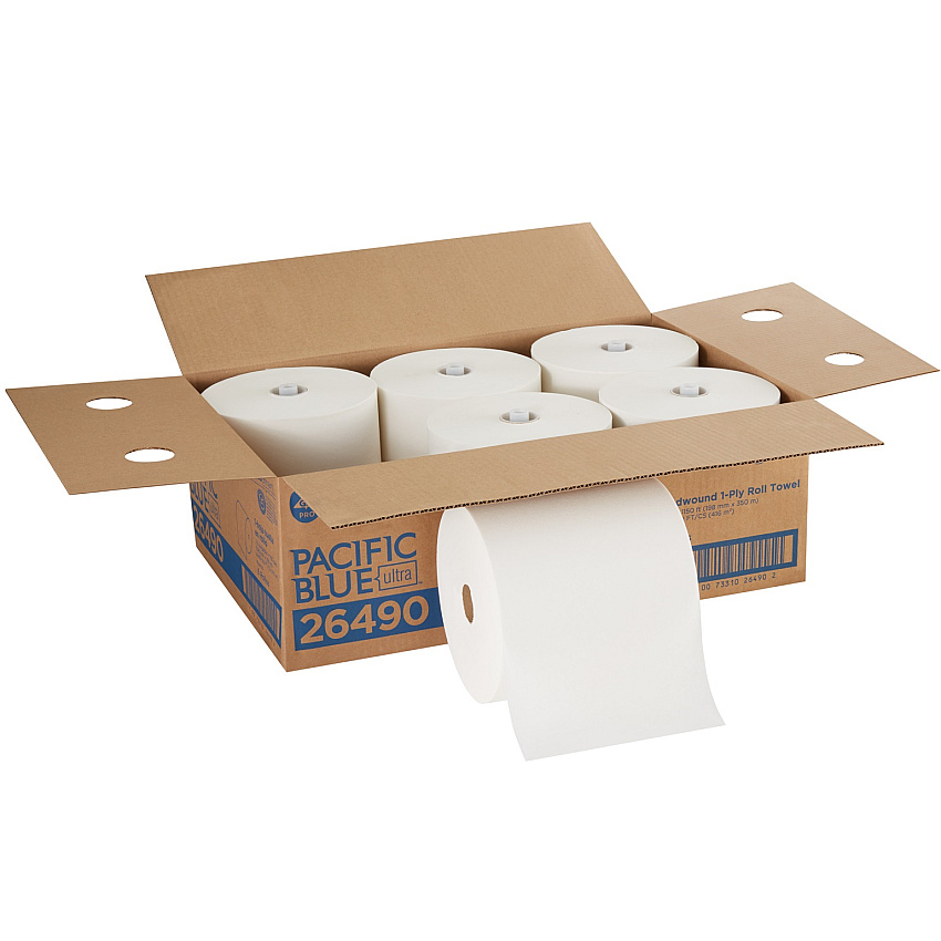 Pacific Blue&reg; Hardwound Paper Towels, White 1-Ply, 1150-ft Rolls, 6 Rolls (26490)