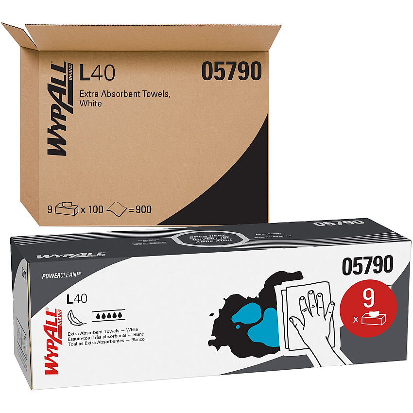 WypAll L40 Towels, POP-UP Box, 16.4 x 9.8, White, 100/Box, 9 Boxes/Carton (05790)