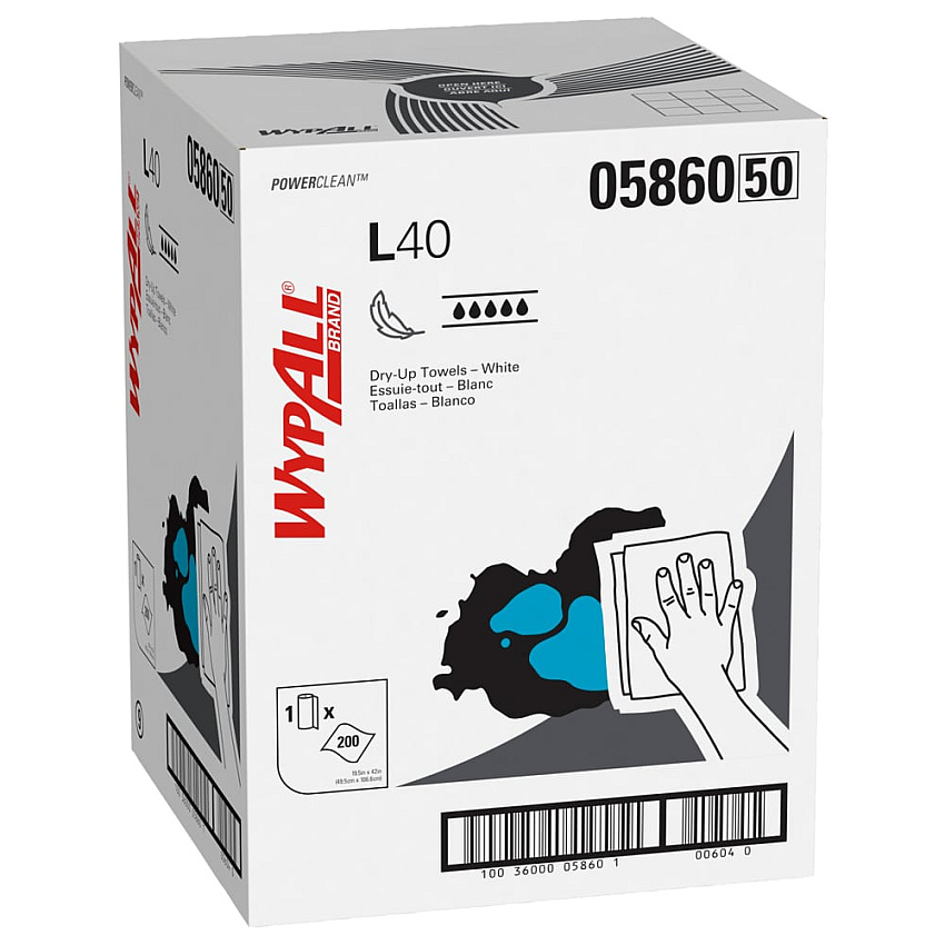 WypAll L40 Towels, Dry Up Towels, 19.5 x 42, White, 200 Towels/Roll (05860)