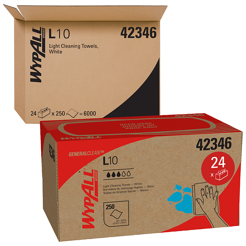 WypAll L10 Towels, POP-UP Box, 1-Ply, 10.25 x 9, White, 250/Box, 24 Boxes/Carton (42346)