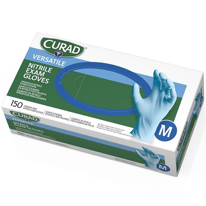 Curad Powder-free Nitrile Disposable Exam Gloves 9.50" Glove Length - Medium Size - Full-Textured Design - Blue - Latex-free, Non-sterile, Chemical Resistant - For Medical - 150 / Box (CUR9315)