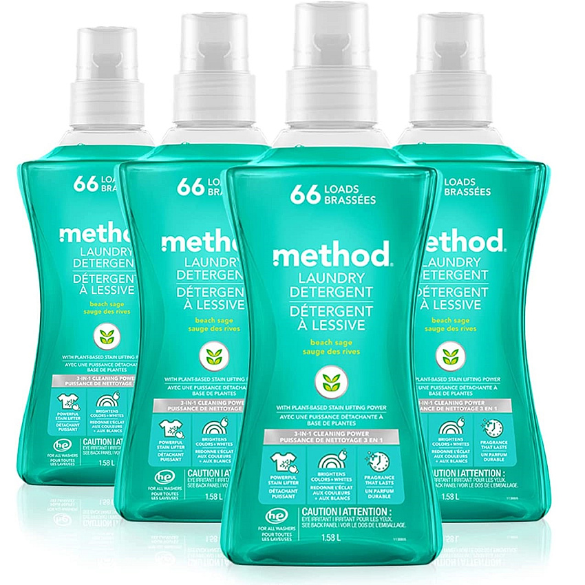 Method 4X Concentrated Laundry Detergent, Beach Sage, 53.5 oz Bottle, 4/Carton (01489)