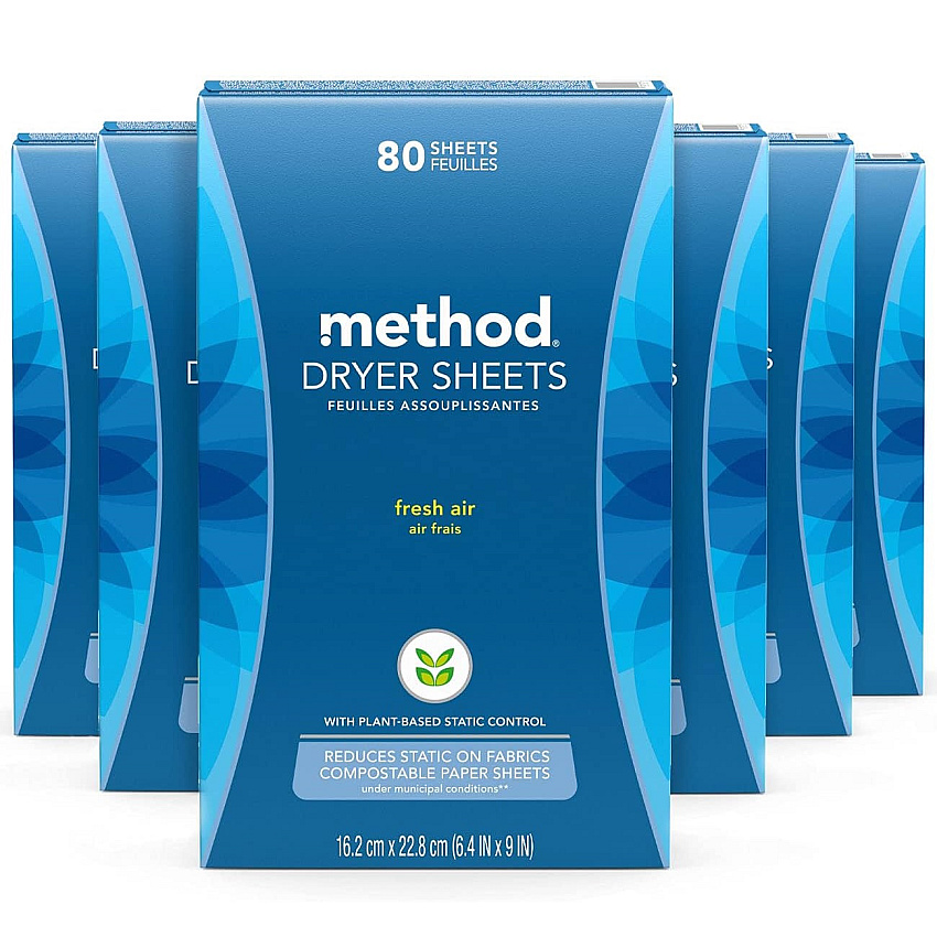 Method Dryer Sheets, Fresh Air, 80/Box, 6 Boxes/Carton (318048)