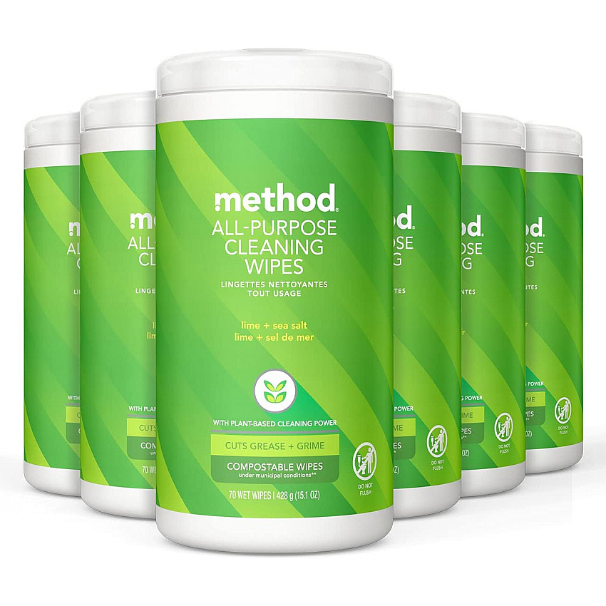Method All Purpose Cleaning Wipes, 1 Ply, Lime and Sea Salt, White, 70/Canister, 6/Carton (338525)