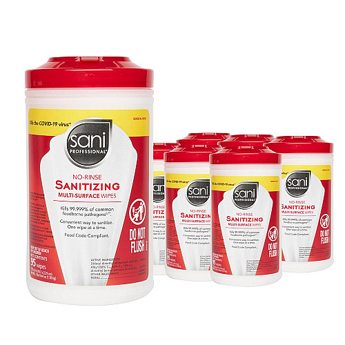 No-Rinse Sanitizing Multi-Surface Wipes, Unscented, White, 95/Container, 6/Carton (P56784)