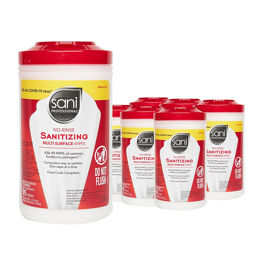 No-Rinse Sanitizing Multi-Surface Wipes, Unscented, White, 95/Container, 6/Carton (P56784)