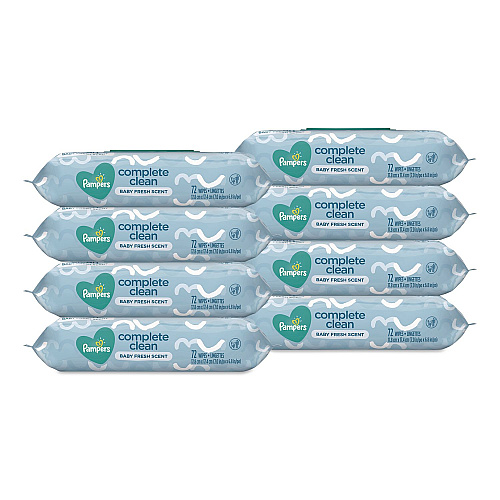 Pampers Complete Clean Baby Wipes, 1-Ply, Baby Fresh, 7 x 6.8, White, 72 Wipes/Pack, 8 Packs/Carton (75536)