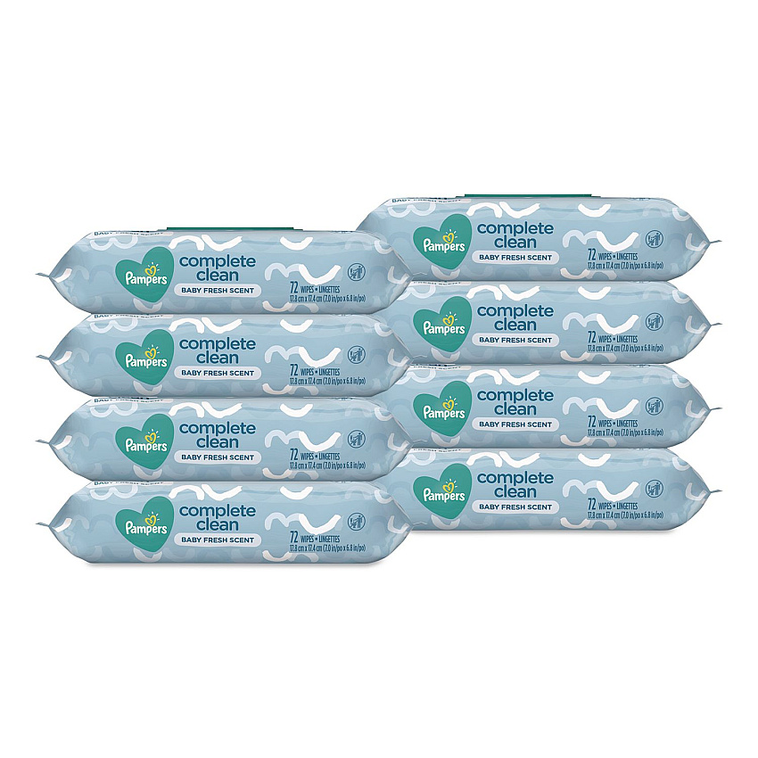 Pampers Complete Clean Baby Wipes, 1-Ply, Baby Fresh, 7 x 6.8, White, 72 Wipes/Pack, 8 Packs/Carton (75536)